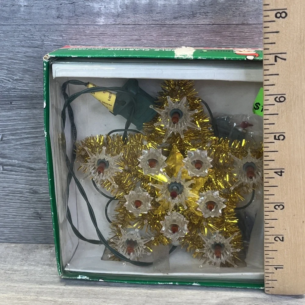 Christmas Trim 11 Light Star Tree Top Gold Tinsel Single Flashing Lights Vintage
